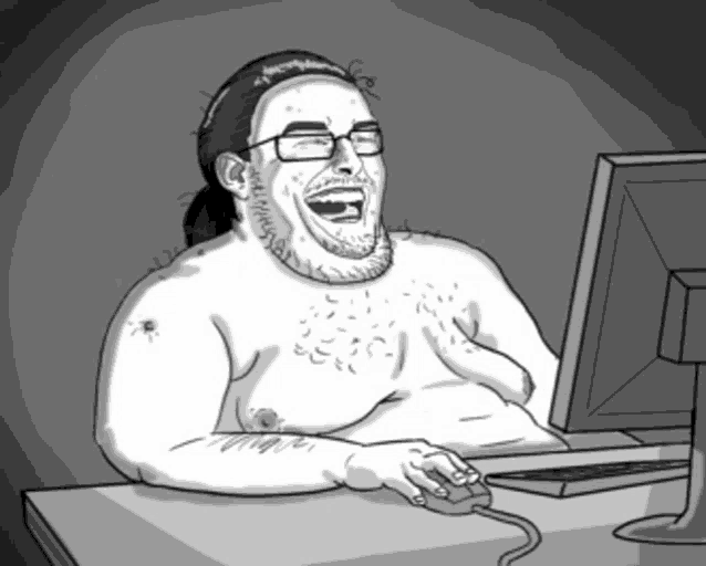 a cartoon of a shirtless man laughing in front of a computer