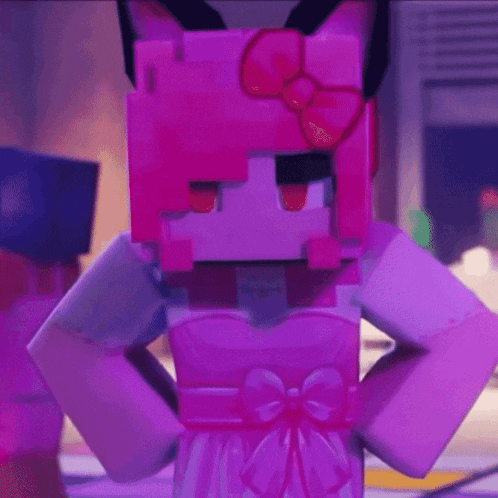 a close up of a pink minecraft character with a bow on her head .