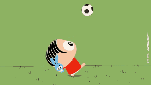 a cartoon of a girl holding a soccer ball and a blue rabbit