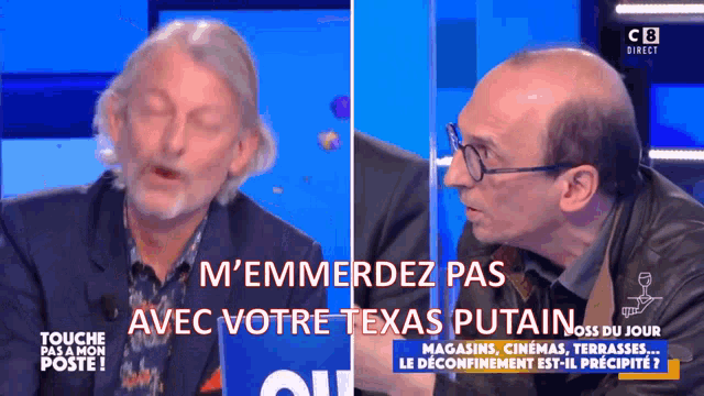 two men are talking on a tv show and the words touche pas a mon poste are on the screen