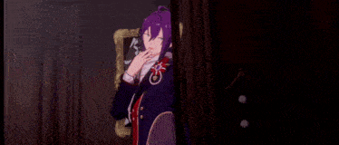 a purple haired anime character is kissing another anime character .