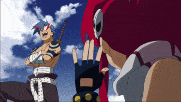 a man with a sword and a woman with red hair