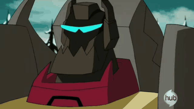 a cartoon of a robot with a hub logo in the corner