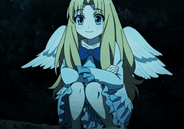 a blonde anime girl with white wings and a blue bow