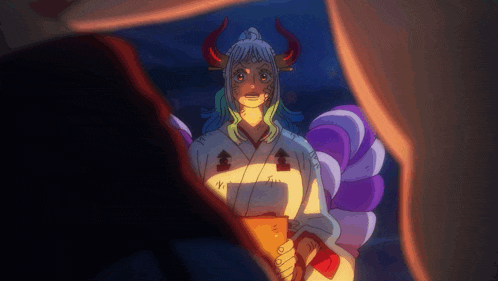 a woman with horns and a kimono is standing next to a man