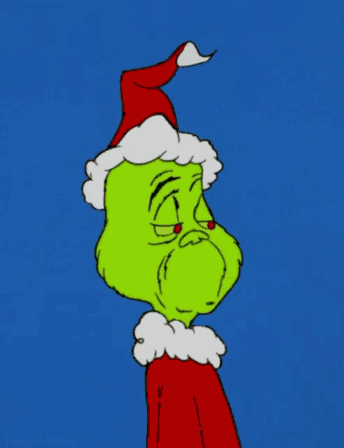 a cartoon of grinch wearing a santa hat and scarf