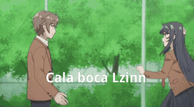 a couple of anime characters with the words cala boca lzinn on the bottom right