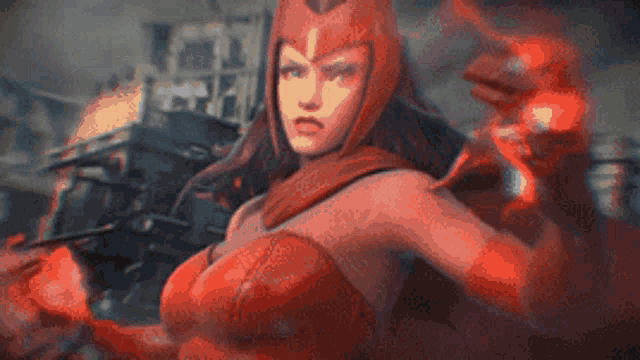 a woman in a red costume is holding a red object in her hands .