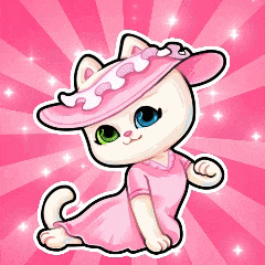 a white cat wearing a pink dress and a pink hat