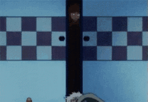 a blue and purple checkered wall with a person peeking out