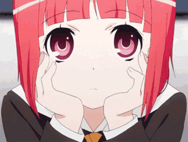 a girl with red hair is making a funny face with her hands on her face