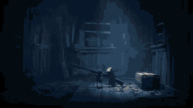 a drawing of a room with a broken door and a gun on the floor