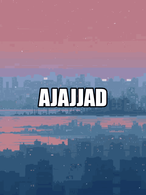 a pixel art of a city with the name ajajjad in white letters