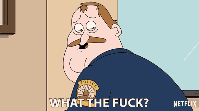 a cartoon of a police officer with the words " what the fuck " below him
