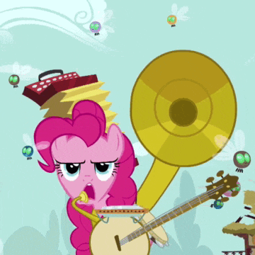 a pink pony is playing a banjo and a trombone