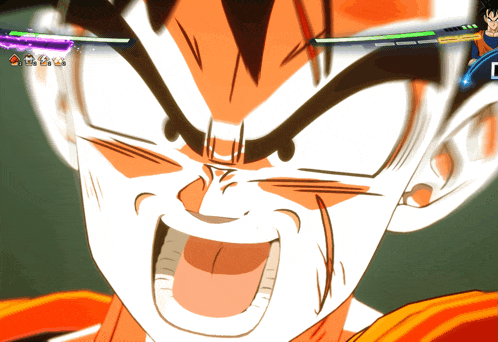 a close up of a person 's face in a video game with a purple and green item in the background