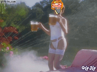 a gif of a woman holding a beer with a man 's face on her head