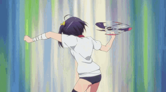 a girl in a white shirt is holding a skateboard