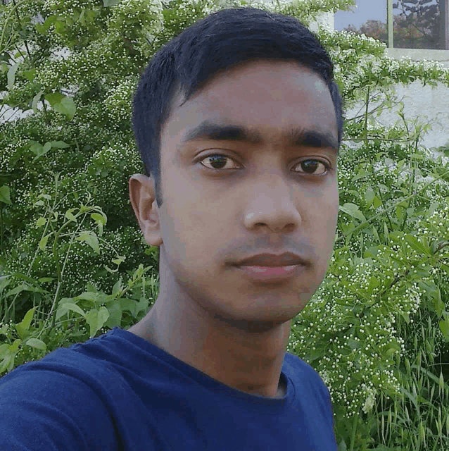 a young man in a blue shirt is standing in front of a bush with white flowers