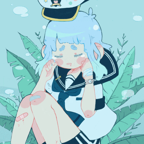 a drawing of a girl with a bandage on her knee and a hat on her head