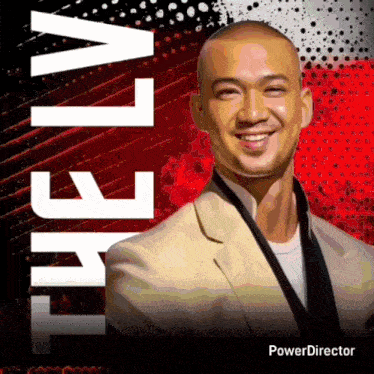 a man in a suit and tie is smiling in front of a red and black background that says power director