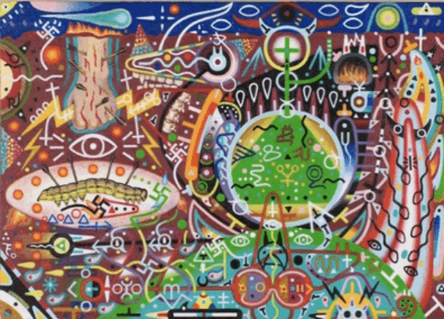 a colorful painting with a green circle with a cross in the middle