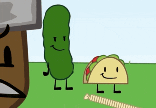 a pickle and a taco are smiling in a cartoon