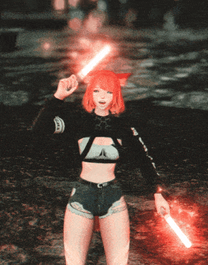 a girl with red hair is holding two red lightsabers in her hand