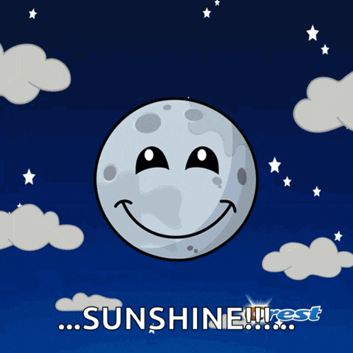 a cartoon illustration of a smiling moon and the words sunshine rest