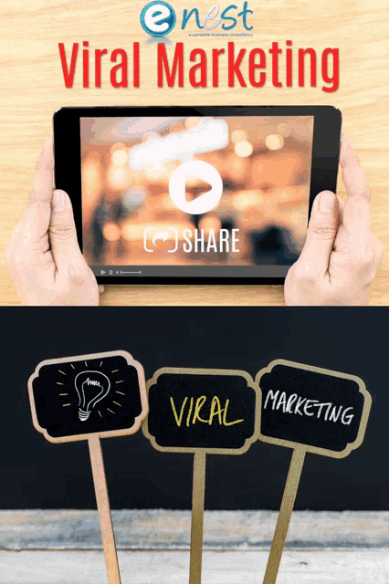a person holding a tablet that says viral marketing on the bottom