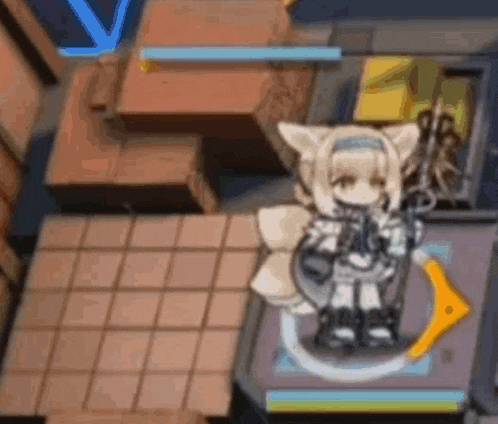 a cartoon character is standing on a tiled floor holding a sword .