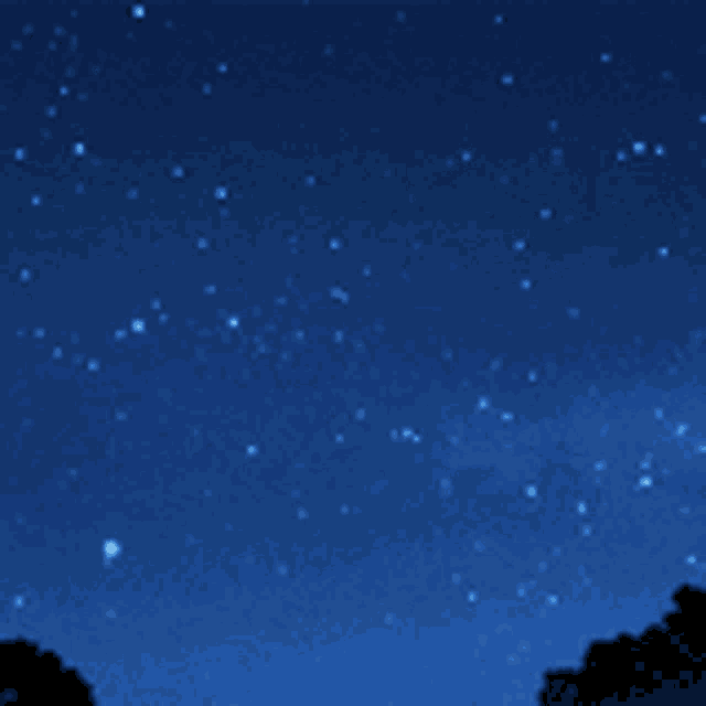 a shooting star is visible in the night sky above trees