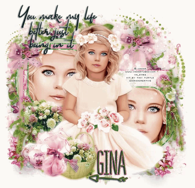 a girl in a white dress is surrounded by flowers and says gina on the bottom