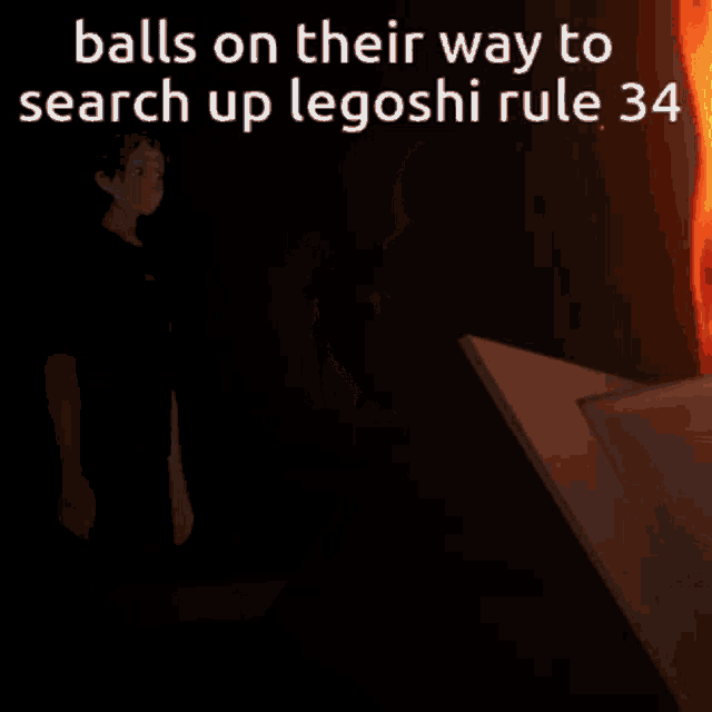 a man is standing in front of a fire with the words " balls on their way to search up legoshi rule 34 "