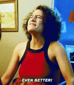 a woman in a red tank top is crying and says " even better "