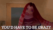 a cartoon character is wrapped in a red blanket with the words you 'd have to be crazy below her