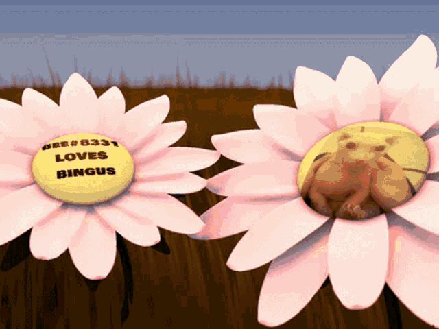 two flowers with a yellow button that says bee # 8331 loves bingus on it