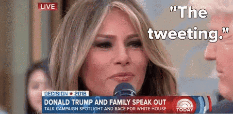a woman speaking into a microphone with the words " the tweeting " written above her