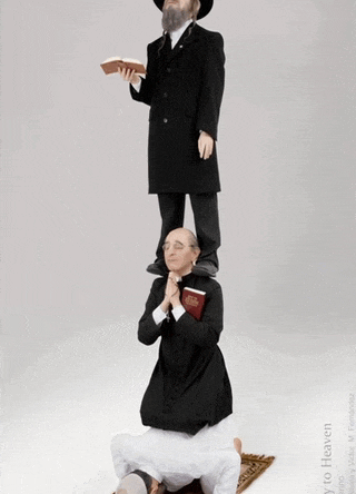 a man standing on another man 's head with the words " ready to heaven " on the bottom right