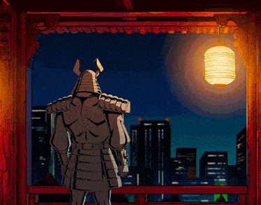 a cartoon drawing of a samurai looking out a window