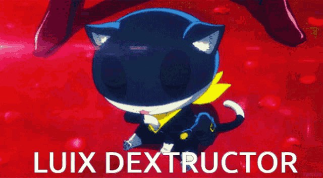 a black and white cat with a yellow scarf is dancing with the words luix destructor in the background