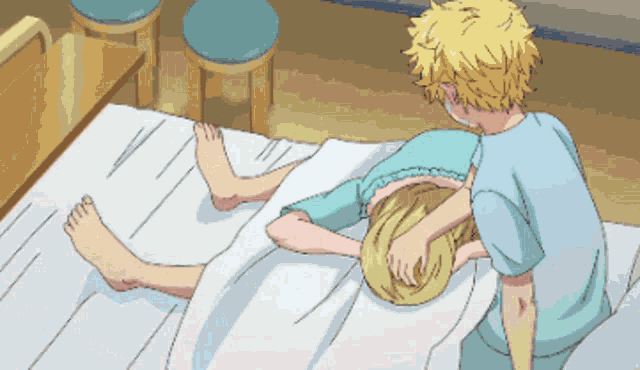a pixel art drawing of a boy helping another boy with his leg