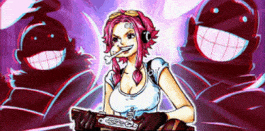 a cartoon of a woman with pink hair and headphones holding a gun and smoking a cigarette .