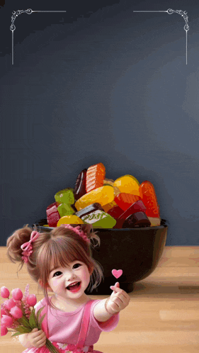 a little girl is holding a bouquet of flowers in front of a bowl of gummy bears