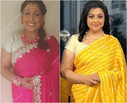 a woman in a pink saree and a woman in a yellow saree are standing next to each other