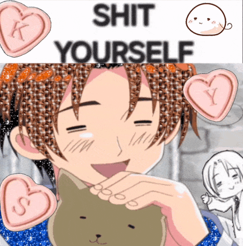 a picture of a boy with hearts around his head and the words shit yourself