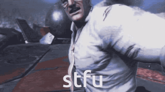 a man in a white shirt and tie with the word stfu written on his chest