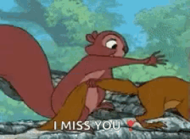 a cartoon of two squirrels with the words i miss you written on the bottom