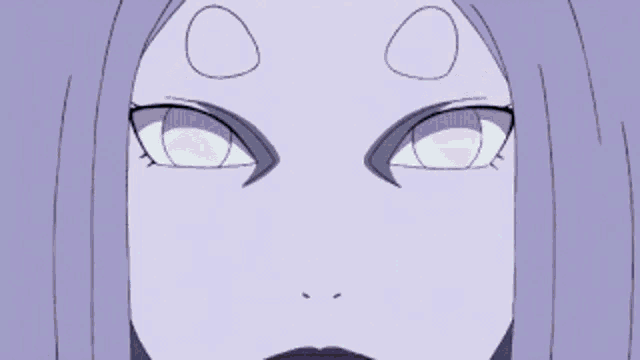 a close up of a cartoon character with purple hair and white eyes