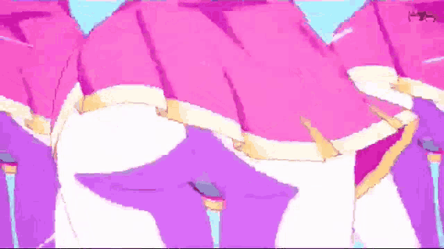 a purple and pink background with a cartoon character standing in front of a mountain .